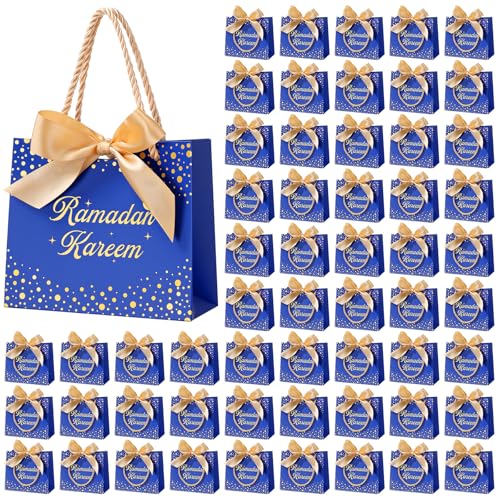 Glenmal 60 Pcs 5.51x2.36x4.72'' Ramadan Gift Bags Ramadan Mubarak Blue Paper Party Bags Eid Mubarak Treat Goodie Bag with Handle and Ribbon for Ramadans Kareem Eid Mubarak's Party Supplies - color: Blue, size: 1 count (Pack of 60)