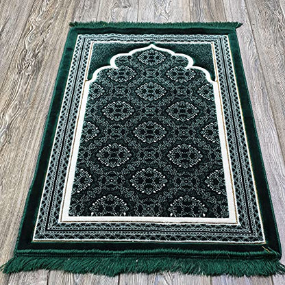 Modefa Turkish Islamic Prayer Rug - Soft Velvet Janamaz Praying Carpet - Comfortable Muslim Praying Mat for Men & Women - Ramadan or Eid Gift - with Kufi Prayer Cap - Elegant Swirl (Green #2) - color: Green #2