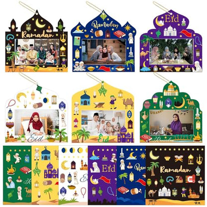 NOVWANG 30 Pack Ramadan DIY Picture Frame, Mosque Picture Frame Craft Hanging Ornaments with 30 Sheets Eid Mubarak Stickers for Eid Al Fitr Party Class Activities - color: Multicolour - Eid Style