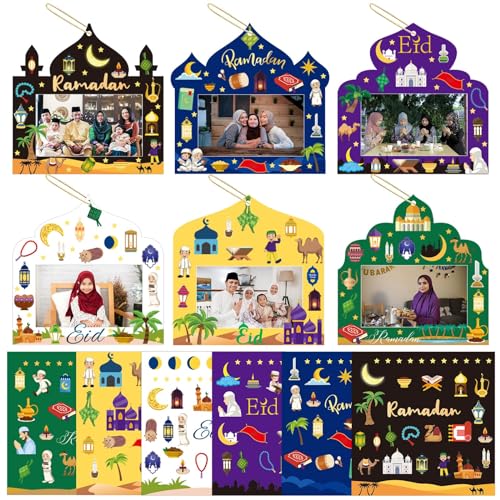 NOVWANG 30 Pack Ramadan DIY Picture Frame, Mosque Picture Frame Craft Hanging Ornaments with 30 Sheets Eid Mubarak Stickers for Eid Al Fitr Party Class Activities - color: Multicolour - Eid Style