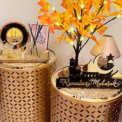 Wooden Acrylic Ramadan Decorations for Home 2026, Gold Black Ramadan Mubarak Eid Kareem Sign Stand, Wood Islamic Table Centerpiece Fireplace Office Desk Mosque Decor, Arabic Muslim Gifts