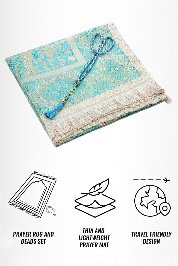 ihvan online Muslim Prayer Rug with 99 Beads Tasbih, Soft Chenille Sajadah, Lightweight & Foldable Janamaz, Portable Travel Prayer Mat, Islamic Gift for Eid, Ramadan, Hajj & Umrah, Turquoise - color: Turquoise