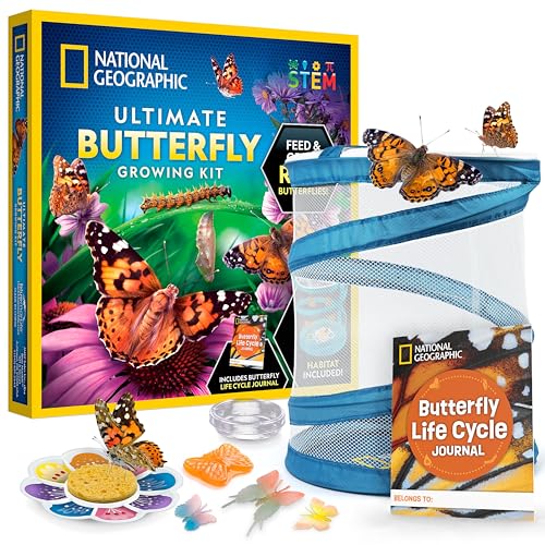 National Geographic Ultimate Butterfly Growing Habitat Kit for Kids | Voucher for 5 Caterpillars, Mesh Butterfly Habitat, Glow-in-the-Dark Figures, Metamorphosis Science, Outdoor Learning - style: Ultimate Butterfly Kit