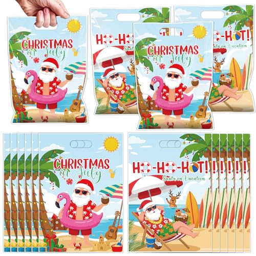 Falueqg Summer Christmas Party Favor Bags - 50 Pcs July Christmas Gift Bags Beach Santa Goodie Candy Bag Summer Hawaiian Party Supplies for Holiday Xmas Tropical Luau Decorations - color: Summer Christmas