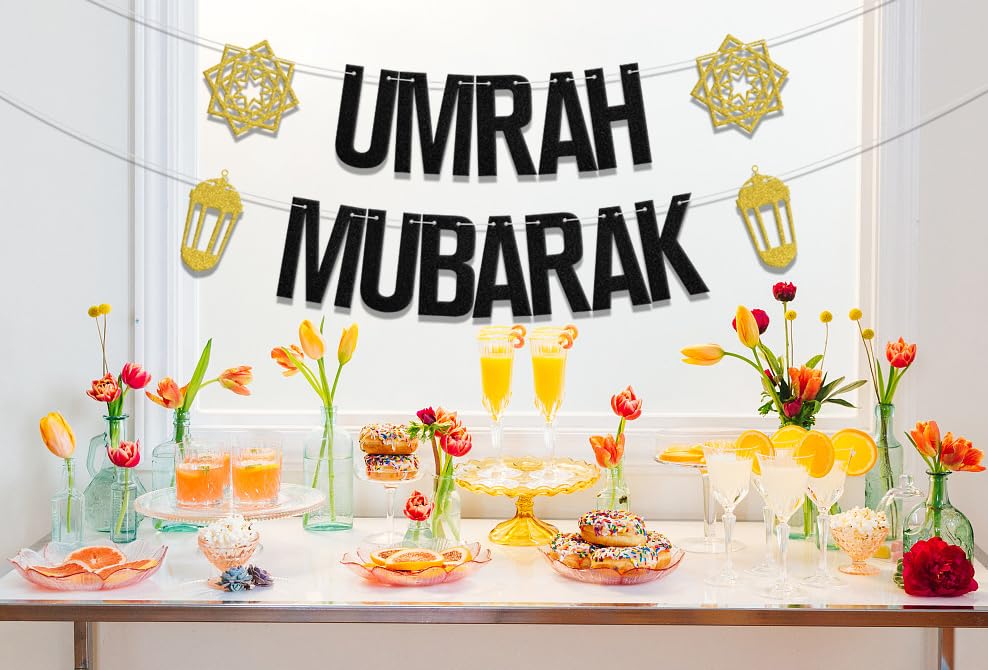 Umrah Mubarak Banner, Eid Party Decorations, Gold Black, 3.0x5.0 inches - color: Gold Black