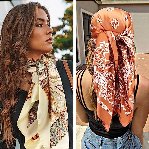 DRESHOW 35” Large Square Satin Head Scarf - 4Pcs Silk Accessories Classic Patterned Squares Beach Bandanas for Women - color: 4 Pcs: Black, White, Brown, Navy Blue