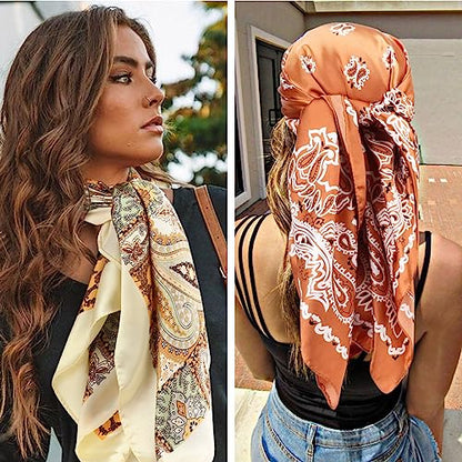 DRESHOW 35” Large Square Satin Head Scarf - 4Pcs Silk Accessories Classic Patterned Squares Beach Bandanas for Women - color: 4 Pcs: Black, White, Brown, Navy Blue
