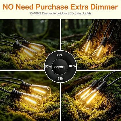 100FT Remote Outdoor String Lights for Outside, 50+2 LED Waterproof Shatterproof Edison Dimmable Timer Bulbs, 2500K Warm White Patio Lights for Garden Backyard Yard Hanging Lighting - size: 100FT