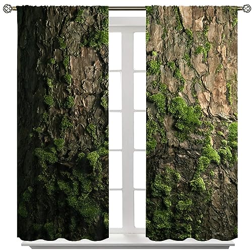 Brown Tree Bark Retro Curtains Natural Plant Green Moss Rustic Country Old Trunk Wood Art Print Rod Pocket Blackout Window Treatment for Bedroom Kitchen Living Room Home Decor Window Drapes 42x45in