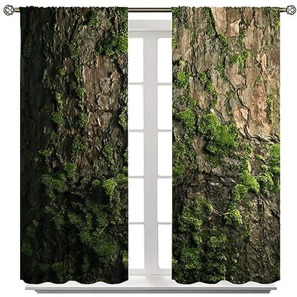 Brown Tree Bark Retro Curtains Natural Plant Green Moss Rustic Country Old Trunk Wood Art Print Rod Pocket Blackout Window Treatment for Bedroom Kitchen Living Room Home Decor Window Drapes 42x45in