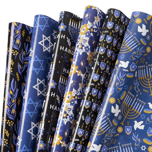 RUSPEPA Hanukkah Wrapping Paper Sheets, Menorah, Star of David, Dreidel and Floral Design, Blue and Gold Gift Wrap Perfect for Jewish Holiday Gifts and Christmas, 6 Folded Sheets, 19.68 X 27.5 Inch - color: Dark Blue Hanukkah