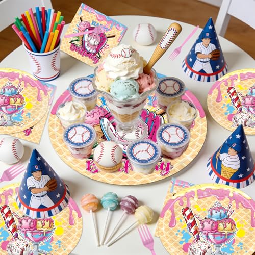 EUOYUFO 96피스 아이스크림 파티 장식 식기 세트 아이스크림 야구 드립 생일 축하 종이 접시 냅킨 포크 야구 스포츠 팀 테마 생일 파티 용품 24인용 - color: 야구 드립 생일
