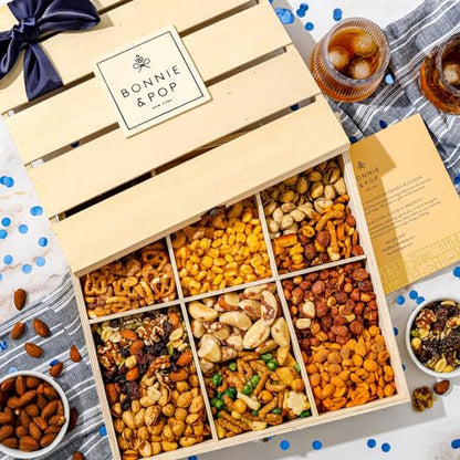 Nut Gift Basket | Healthy Gift of Assorted Nuts in Reusable Wood Crate | Large Variety Tray with Unique Flavors |Fathers Day, Parties, Holidays, Birthday, Sympathy, Office, Thank You, Him, Her | Bonnie & Pop - style: Deluxe