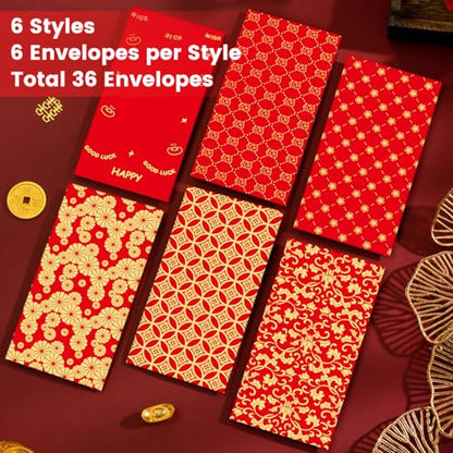 Chinese New Year Red Packets 2026,36 Pcs Money Envelopes with 6 Classic Embossed Bronzing Foil Designs for Cash Gifts & Decorations (Classic) - style: Classic