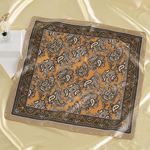 QBSM Womens 23.6 inch Satin Silk Feeling Formal Square Neck Scarf Head Hair Wraps Kerchief - color: Cashew Flowers-camel