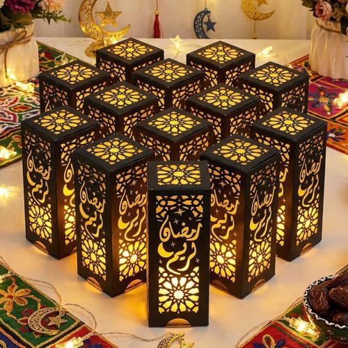 AmazingSpark 12 Pcs Ramadan Lantern Boxes with LED Lights, Ramadan Eid Mubarak Decorations Boxes Light Islamic Centerpieces Table for Home Party Prayer Room Decor - style: Ramadan