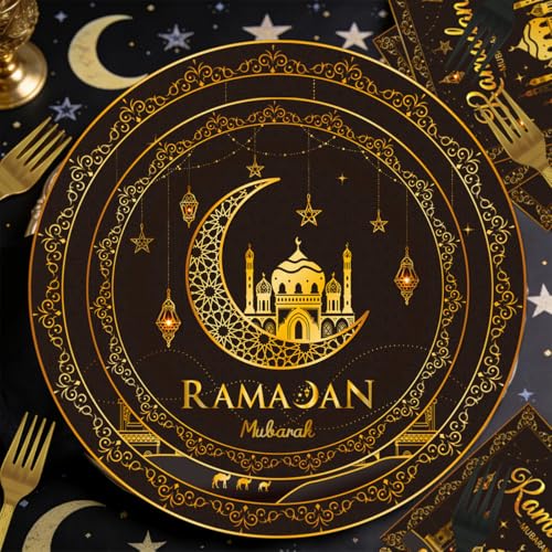 EUOYUFO 96Pcs Ramadan Party Tableware Set Eid Ramadan Mubarak Paper Plates Napkins Forks Ramadan Decorations for Home Party Supplies Serve 24 Guests : Home & Kitchen
