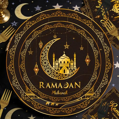 EUOYUFO 96Pcs Ramadan Party Tableware Set Eid Ramadan Mubarak Paper Plates Napkins Forks Ramadan Decorations for Home Party Supplies Serve 24 Guests : Home & Kitchen