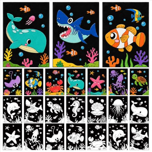 Cinrobiye 48 Pcs Velvet Coloring Posters Summer Fuzzy Posters to Color Bulk Felt Ocean Animal Coloring Page Craft for Adults Teenagers All Ages Classroom Assisted Living Festive Holiday Activity - style: Ocean