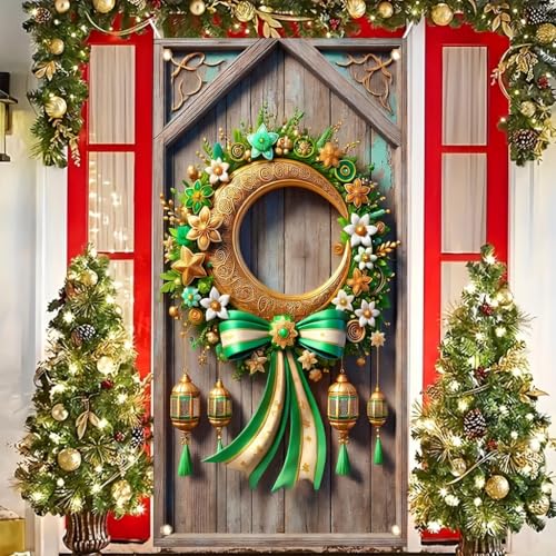 Ramadan Door Cover 71x35 Inch Green Gold Crescent Moon Lantern Bow lslamic EidDecoration for Front Door Outdoor Home Party Festival Holiday Decor - color: Islamic Crescent Moon Floral