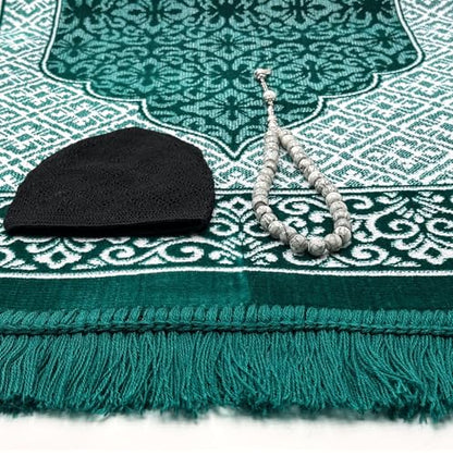 ESERRA Velvet Prayer Mat All in One Set for Islam - Thick Muslim Prayer Rug, Black Kufi Hat, Jasper Stone 33 Prayer Beads, Cotton Travel Case - Islamic Gifts (Green) - color: Green