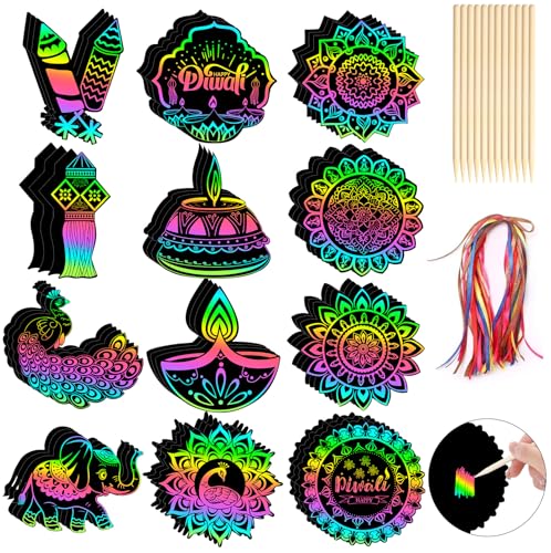 FEBSNOW 48 PCS Diwali Crafts for Kids, Magic Rainbow Scratch Art Paper Cards for Kids Diwali Gifts School Classroom Activities Happy Diwali Festival of Lights Party Favors Hanging Ornaments - style: Diwali