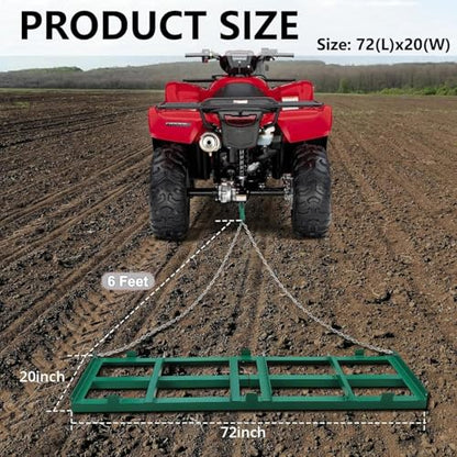 Heavy Duty Square Drag Harrow Driveway Grader - 72 Inch Tow Behind Landscape Rake for ATV, UTV, Tractor - Adjustable Lawn Leveling Tool for Gravel, Soil, Sand and Pasture Maintenance, Green