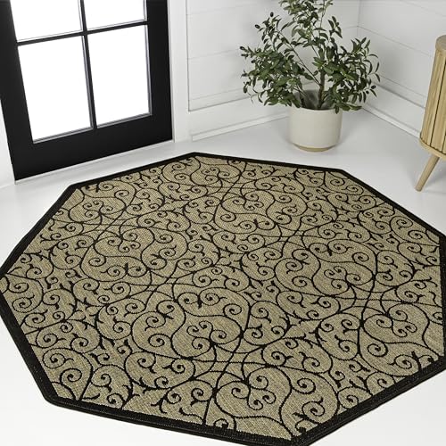 JONATHAN Y Vintage Filigree Indoor Outdoor Octagon Area Rug 8 Ft Black/Khaki, Madrid Textured Weave for Backyard, Patio, Porch, Easy-Cleaning, High Traffic, Pet-Friendly, Non-Shedding (SMB107A-8TGN) - color: Black/Khaki, size: 7'9" x 7'9" (Octagonal)