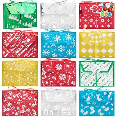 JOYIN 36PCS Christmas Fancy Foil Gift Card Holder Boxes with Ribbon, 4.5" x 3.25" x 0.4" Money Cash Envelopes Card Box for Gift Giving, Xmas Party Birthday Present Wrapping Decor, 12 Designs, 5 Colors