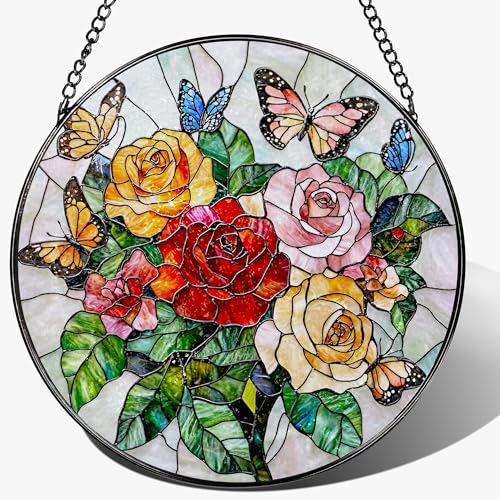 Butterfly & Rose Ornament: Stained Glass Suncatcher, Suncatcher for Window Decor, Stained Glass Window Hanging, Christmas Ornament, Gifts for Nature Lover, Women, Christmas, Mother's Day, Birthdays - color: Butterfly&rose