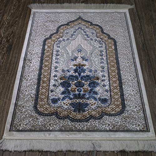 Modefa Turkish Islamic Velvet Prayer Rug - Prayer Mat Carpet for Men and Women - Traditional Muslim Janamaz Sajada - Ramadan or Eid Gift - with Car Hanger - Luxury Winter Rose (Brown/Blue) - color: Brown / Blue