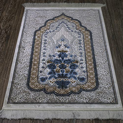 Modefa Turkish Islamic Velvet Prayer Rug - Prayer Mat Carpet for Men and Women - Traditional Muslim Janamaz Sajada - Ramadan or Eid Gift - with Car Hanger - Luxury Winter Rose (Brown/Blue) - color: Brown / Blue