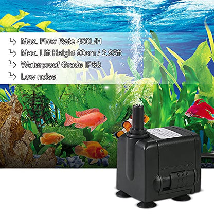 Decdeal 450L/H 6W Submersible Water Pump for Aquarium Tabletop Fountains Pond Water Gardens and Hydroponic Systems with 2 Nozzles, AC110V, US Plug