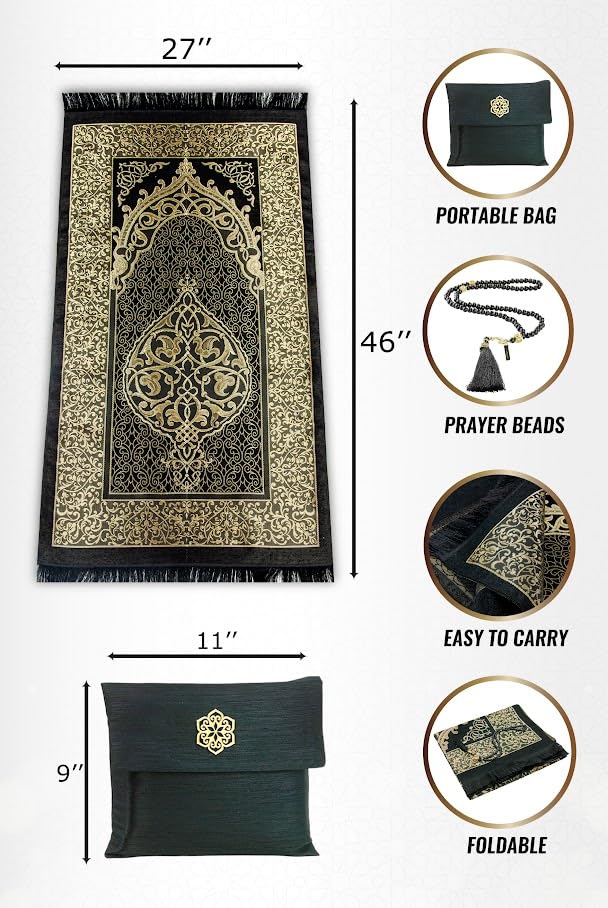 ihvan online Muslim Prayer Rug with 99 Beads Tasbih & Travel Bag, Soft Taffeta Sajadah, Lightweight & Foldable Janamaz, Portable Prayer Mat, Islamic Gift for Eid, Ramadan, Hajj & Umrah, Black - color: Black