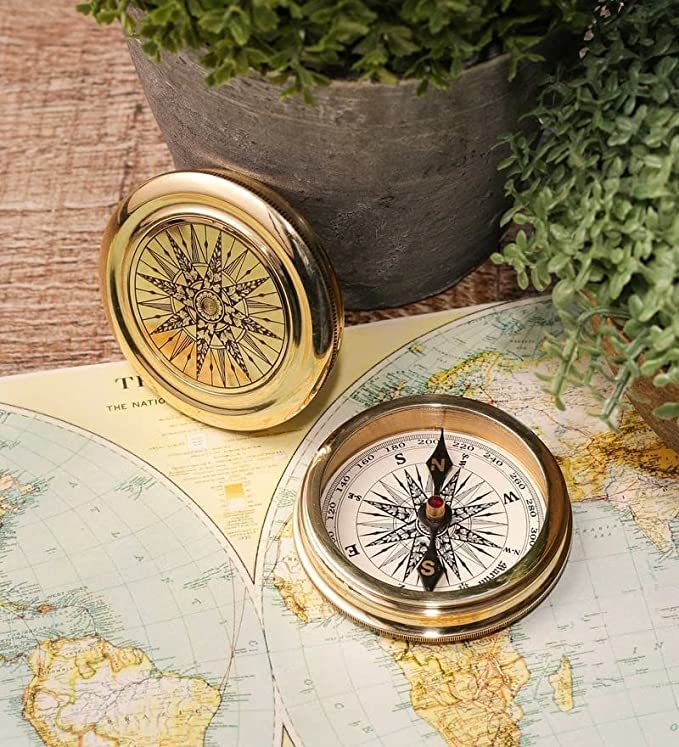Antiqued Brass Robert Frost Poem Compass with Wooden Box, Inspirational Gifts for Woman, Aniversity Gifts for Men,Engraved,Wedding for Boys, Pocket Compass for Hiking Survival