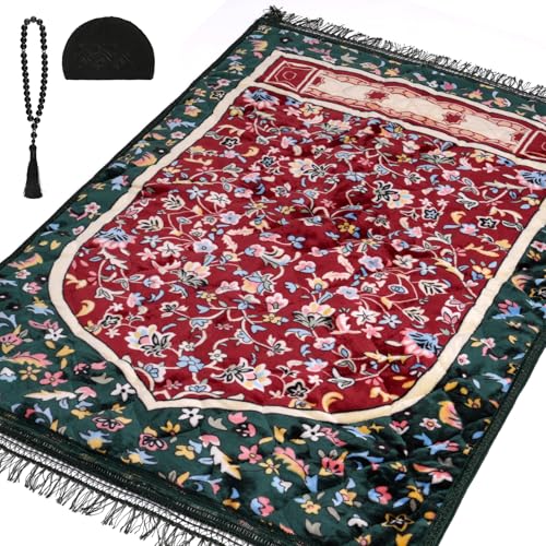 Muslim Prayer Rug with Tasbih Prayer Beads & Kufi Hat, Padded Very Thick Prayer Rug Sajadah for Men and Women (Green1) - color: Green1