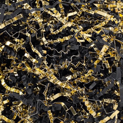 Wowxyz 1 LB Crinkle Cut Paper Shred Black & Gold Crinkle Shredded Paper for Gift Baskets - Gift Box Bag Filler - Confetti Stuffing for Birthday, Holiday Present Packaging Wrapping - color: Black and Gold