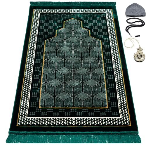 Modefa Turkish Islamic Velvet Prayer Rug - Thick & Wide Soft Carpet for Men & Women - Double Plush Large Janamaz - Eid & Ramadan Gift - with Kufi, Beads & Car Hanger - Geometric Noor (Green) - color: Green