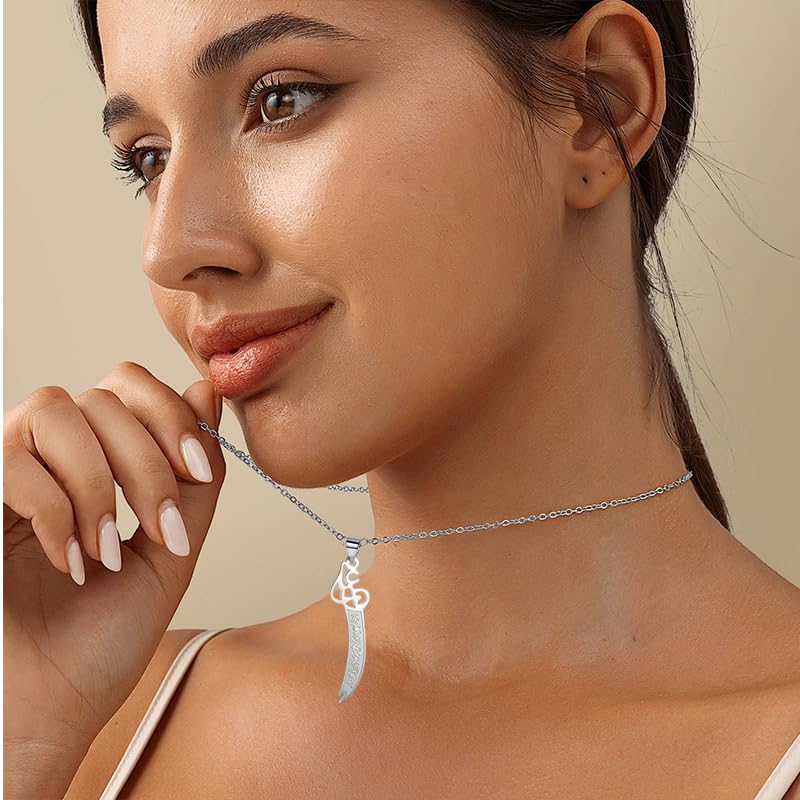 MALOYANVE Zulfiqar Sword Necklace for Men Women Imam Ali Dhul-Fiqar Sword Pendant Stainless Steel Islamic Muslim Arabic Calligraphy Necklace Talisman Amulet Religious Jewelry Gift - color: Silver