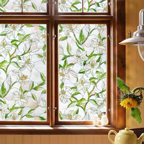 Window Privacy Film, 3D Stained Glass Window Film, 35.4x78.7in | Decorative Window Privacy Film for Bathroom, Front Door, Home, Sun Blocking Heat Control, Static Cling, White Lily - color: White Lily, size: 35.4inch x 78.7inch