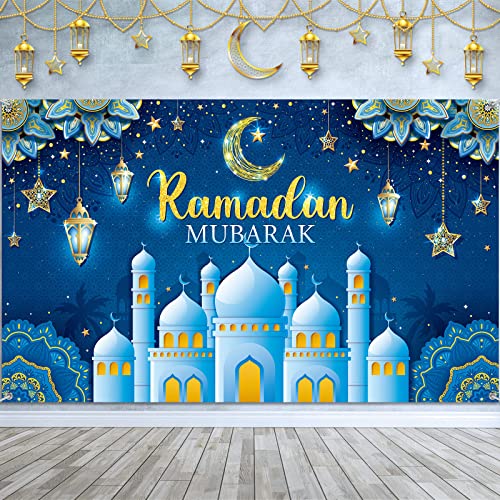 Boyiee Ramadan Mubarak Decorations Backdrop Banner Muslim Ramadan Kareem Background Eid Mubarak Sign Photo Booth Backdrop Background for Home Muslim Eid Al Fitr Party Supplies(Blue) - color: Blue