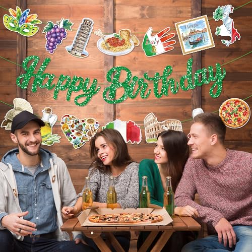 3Pcs Italy Happy Birthday Banner Pizza Pasta Wine Helmet Party Hanging Banner Italian Theme Birthday Bridal Wedding Baby Shower Boys Girls Kids Home Classroom Party Supplies Decoration - color: Italy