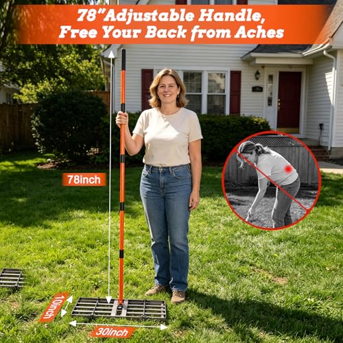 Lawn Leveling Rake, 30" x 10" Lawn Leveler Tool | Heavy Duty Lawn Levelling Rake with 78" Adjustable Handle,Stainless Steel rake for Soil Garden, Golf Course, Farm and Pasture