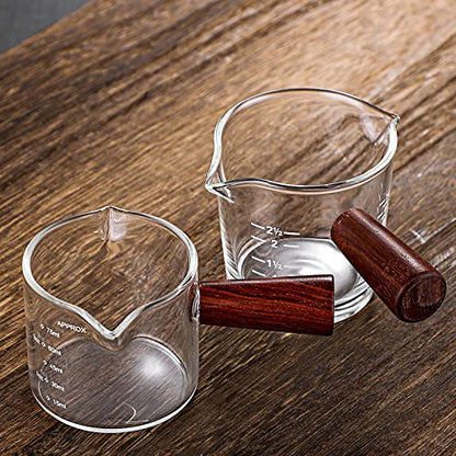70ml Double Spouts Espresso Cup Shot Glasses Heat-Resistant Measuring Cup Mini Milk Glass Mug with Wooden Handle Clear Scale Ounce for Milk Coffee Espresso Making Heavy Glass Measuring Cup - color: 70ml, with Wood Handle