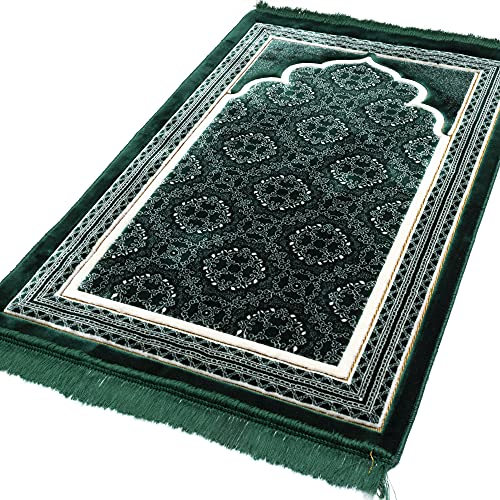 Modefa Turkish Islamic Prayer Rug - Soft Velvet Janamaz Praying Carpet - Comfortable Muslim Praying Mat for Men & Women - Ramadan or Eid Gift - with Kufi Prayer Cap - Elegant Swirl (Green #2) - color: Green #2