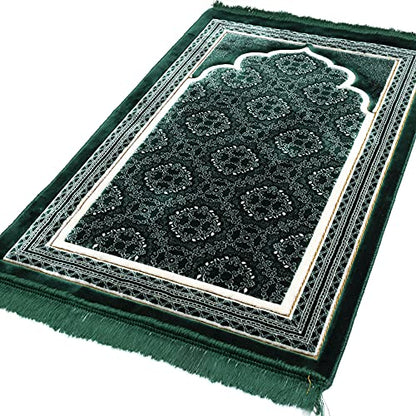 Modefa Turkish Islamic Prayer Rug - Soft Velvet Janamaz Praying Carpet - Comfortable Muslim Praying Mat for Men & Women - Ramadan or Eid Gift - with Kufi Prayer Cap - Elegant Swirl (Green #2) - color: Green #2