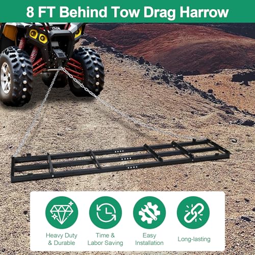 8 FT Drag Harrow Driveway Grader with 6 FT Chain | Tow Behind Lawn Rake for ATV, UTV, Tractor, Mower, Land Leveler for Gravel, Sand, Soil, Hay - size: 8 FT