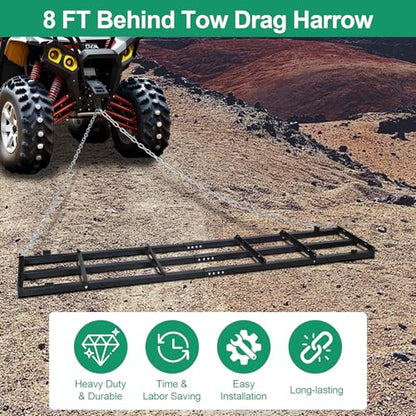 8 FT Drag Harrow Driveway Grader with 6 FT Chain | Tow Behind Lawn Rake for ATV, UTV, Tractor, Mower, Land Leveler for Gravel, Sand, Soil, Hay - size: 8 FT