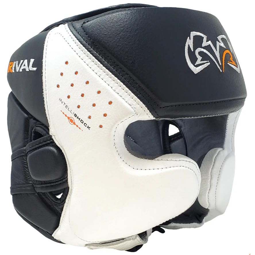 RIVAL Boxing RHG10 Intelli-Shock Headgear, D3O Front and Side Padding, Hook and Loop Back Adjustment with Lace on Top, and Anatomical Rear Head Pad Every Time - color: Black/White, size: Small