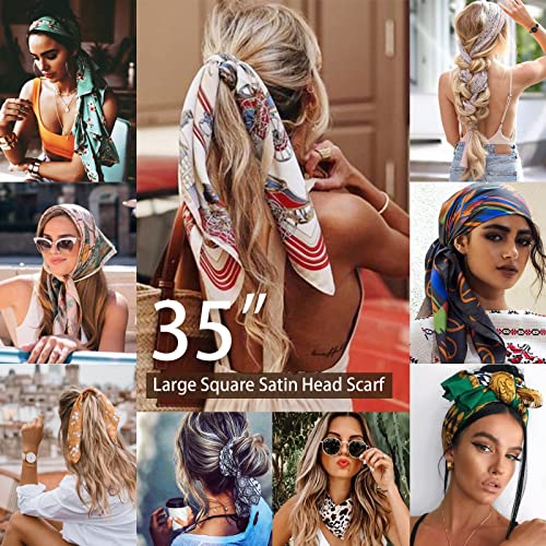 DRESHOW 35” Large Square Satin Head Scarf - 4Pcs Silk Accessories Classic Patterned Squares Beach Bandanas for Women - color: 4 Pcs: Turquoise, Pink , Purple Black, Beige